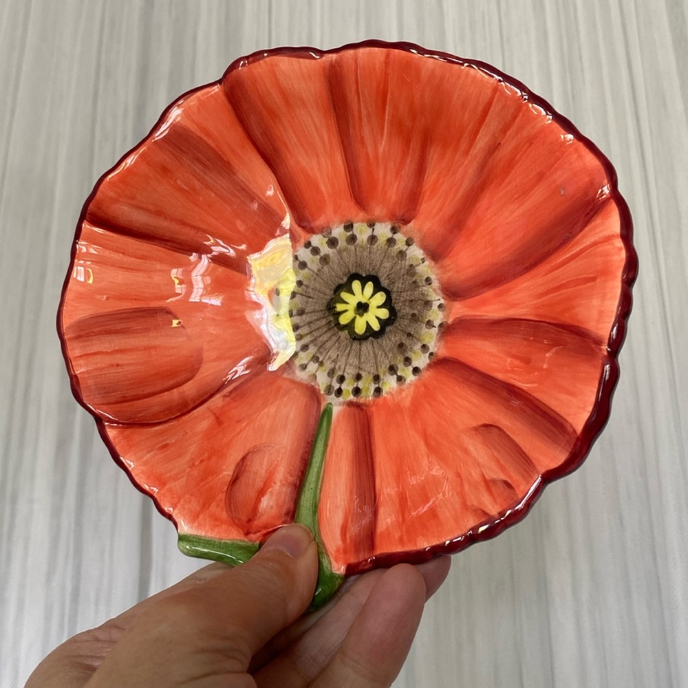 90’s Trinket poppy coral dish hand painted by clay art south San Francisco